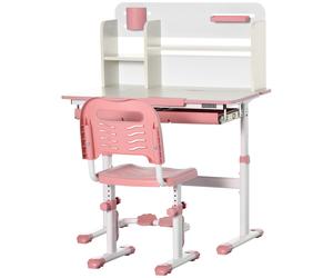 HOMCOM Ensemble Bureau et Chaise pour Enfants à Partir de 3 Ans Ajustable, Table Inclinable à 60° avec Tiroir et Étagères, Rose