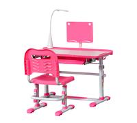 HOMCOM Ensemble Bureau pour Enfants 6-12 Ans avec Chaise Réglable en Hauteur, Tiroir, Lumière et Plateau Inclinable, Rose