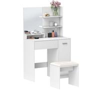 Ensemble coiffeuse miroir avec tabouret - porte, tiroir, 4 étagères, niche - blanc