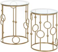 HOMCOM, ensemble de 2 tables basses design élégant avec motifs circulaires, en métal et verre trempé, finition dorée
