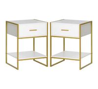HOMCOM Ensemble de 2 Tables de Chevet Modernes avec Tiroir et Étagère Ouverte en MDF et Acier, 45x40x60cm, Blanc et Or