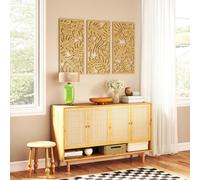 HOMCOM Ensemble de 3 Décorations Murales en Bois 3D 40x80 cm Bois Naturel | Feuilles Tropicales, Décoration Murale Moderne Suspendue, pour Salon Chambre Couloir ou Bureau