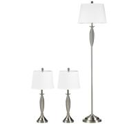 HOMCOM Ensemble de 3 lampes. 1 lampadaire, 2 lampes de table, style en lin; 38 cm x 38 cm x 158 cm, Argent + Blanc