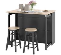 HOMCOM Ensemble de bar 3 pièces, Table de bar avec plateau pliable, 2 tabourets de bar, 6 compartiments de rangement, noir+chêne, 116 x 70 x 89,5 cm