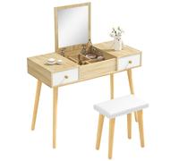 HOMCOM Ensemble de coiffeuse avec tabouret miroir rabattable style scandinave 2 tiroirs 100 x 45 x 118 cm naturel et blanc