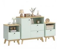 HOMCOM Ensemble de Rangement de Chambre 4 Tiroirs Vert Clair et Chêne | 1 Buffet, 2 Tables de Chevet, Compartiments Ouverts, Étagère Réglable, Style Moderne, pour Chambre