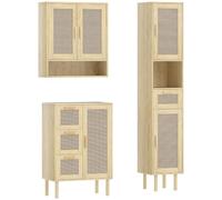 HOMCOM Ensemble de Rangement de Salle de Bain avec Colonne Meuble sur Pied | Meuble Mural, Style Bohème en Rotin, Étagères Réglables, Tiroirs, Étagère Ouverte, pour Petits Espaces