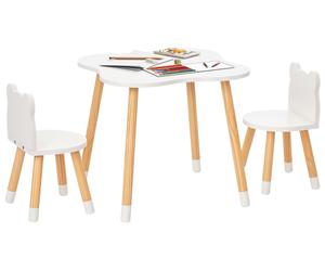 HOMCOM : Ensemble de table basse et de 2 chaises pour enfants en bois, en forme d'ours, de couleur blanche
