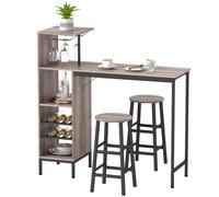 HOMCOM Ensemble de table de bar en 3 pièces avec rangement, porte-bouteilles de vin, porte-verres, tabourets avec repose-pieds, pour petits espaces, Gris