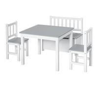 HomCom Ensemble enfant 4 pièces – table, 2 chaises, banc coffre 2 en 1, MDF pin, blanc/gris