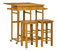HOMCOM Ensemble de table haute de bar et 2 tabourets, table haute de cuisine en bambou avec roulettes, plateau pliable, gain de place, tiroirs, porte-serviettes et repose-pieds Marron