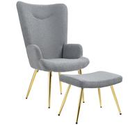 HOMCOM Ensemble fauteuil avec repose-pieds, tissu bouclette gris et pieds en métal doré, dossier haut, grand confort