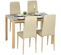 HOMCOM Ensemble Table à Manger avec 4 Chaises, Bois Naturel | Table de Cuisine avec Chaises en Cuir Synthétique, Plateau Rectangulaire en Verre Trempé, pour Petit Espace, Appartement