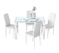 HOMCOM Ensemble Table à Manger avec 4 chaises, Table de Cuisine avec chaises en Cuir synthétique, Plateau rectangulaire en Verre trempé, Pieds en Acier, pour Petit Espace, Appartement, Bistro, Blanc
