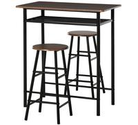 HOMCOM Ensemble table de bar 3 pièces et 2 tabourets de bar avec repose-pieds, étagère de rangment, panneaux de MDF, pied métal noir et marron