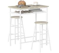 HOMCOM Ensemble Table de Bar avec tabourets, Table à Manger Debout avec 2 chaises, étagère et Pieds en métal, Style Industriel, Table Haute Bar et 2 tabourets pour Salle à Manger, Cuisine, Blanc