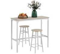 HOMCOM Ensemble Table de Bar Bistrot + 2 Tabourets Bois Naturel Blanc | Repose-Pieds, Table Mange-Debout, Structure en Acier, Design Industriel, Table Haute de Cuisine, Plateau