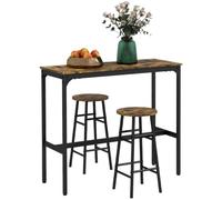 HOMCOM Ensemble Table de Bar Bistrot + 2 Tabourets Brun Rustique Noir | Repose-Pieds, Table Mange-Debout, Structure en Acier, Design Industriel, Table Haute de Cuisine, Plateau