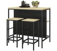 HOMCOM Ensemble table de bar et 2 tabourets style industriel avec étagère de rangement, repose-pieds, métal noir et aspect bois