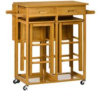 HOMCOM Ensemble Table de Bar Haute et 2 Tabourets avec Roulettes Table Pliante de Cuisine avec Tabourets 82,5x75,5x83,5 cm Marron