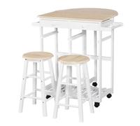 HOMCOM Ensemble Table de Bar Pliable sur roulettes 2 tabourets Blanc | Bois pin MDF, avec étagère et 2 tiroirs, meubles pour bar