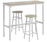 HOMCOM Ensemble table haute de bar + 2 tabourets structure en acier plateau aspect bois naturel 2 personnes blanc