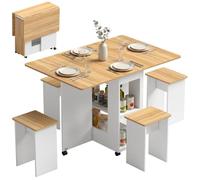 HOMCOM Ensemble Table Salle à Manger Pliante 4 Chaises Chêne et Blanc | Table de Cuisine avec Chaises, pour 4 Personnes, Étagères de Rangement, Roulettes, pour Salon, Petit Espace