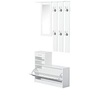 HOMCOM Ensembles 3 en 1 de Meuble d'entrée vestiaire avec Panneau Porte-Manteau, Miroir et Banc à Chaussures - 6 Crochets et étagère réglable, Blanc