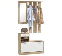 HOMCOM Ensembles 3 en 1 de meuble d'entrée vestiaire avec panneau porte-manteau, miroir et banc à chaussures - 6 crochets et étagère réglable, bois naturel et blanc Description:Ce superbe ensemble de 