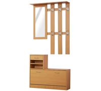 HOMCOM Ensembles 3 en 1 de Meuble d'entrée vestiaire avec Panneau Porte-Manteau, Miroir et Banc à Chaussures - 6 Crochets et étagère réglable, Bois Clair