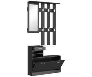 HOMCOM Ensembles 3 en 1 de Meuble d'entrée vestiaire avec Panneau Porte-Manteau, Miroir et Banc à Chaussures - 6 Crochets et étagère réglable, Noir
