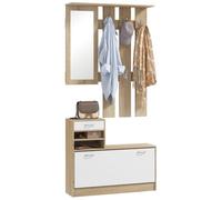 HOMCOM Ensembles 3 en 1 de Meuble d'Entrée Vestiaire Naturel Blanc | Panneau Porte-Manteau, Miroir, Banc à Chaussures, 6 Crochets, Étagère Réglable