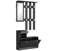 HOMCOM Ensembles 3 en 1 de Meuble d'Entrée Vestiaire Noir | Panneau Porte-Manteau, Miroir, Banc à Chaussures, 6 Crochets, Étagère Réglable
