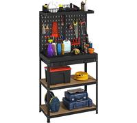 HOMCOM Établi d'atelier, charge max. 240 kg, 80x40,5x155cm, plan de travail avec panneau perforé, 14 kits de suspension, 2 étagères inférieures et grand tiroir, pour garage, entrepôt, atelier, noir