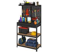 HOMCOM Établi d'atelier, plan de travail avec panneau perforé, 14 kits de suspension, 2 étagères et tiroir, 80x40,5x155cm, noir