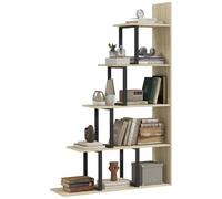 Etagère bibliothèque séparateur de pièce style industriel en escalier 5 étagères acier noir panneaux aspect bois chêne clair