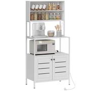 HOMCOM Étagere Cuisine avec multiprise, Meuble Micro-Onde, étagère Rangement Cuisine Style Moderne avec Placard Double Porte à persiennes et Compartiments Ouverts, 80 x 42 x 171 cm, Blanc