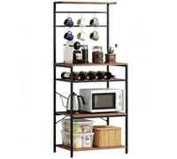 HOMCOM Étagère de cuisine avec porte-bouteilles et 6 crochets, étagère de rangement à 5 niveaux avec renfort en X, structure en métal, pour cuisine ou salle à manger, 59 x 40 x 143,5 cm, couleur noyer