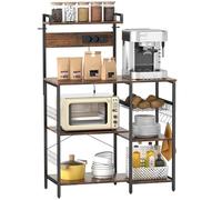 HOMCOM Étagère de cuisine, sur pied, avec 2 prises, 5 crochets en S, 5 étagères, étagère de boulangerie avec panier, barres en X, bar à café en acier, marron rustique, 90 x 42 x 130 cm