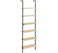 HOMCOM Étagère échelle Mural bibliothèque étagère de Rangement Style Industriel 6 étagères Acier Noir Aspect Bois Naturel - dim. 60L x 30l x 206H cm