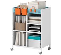 HOMCOM Étagère sur roulettes, 4 niveaux, tablettes réglables & paniers suspendus pour bureau à domicile et salon, Blanc