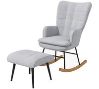 HOMCOM Fauteuil à bascule avec Ottomane design scandinave Fauteuil à bascule avec repose-pieds, bois de hêtre, capitonné, 64 cm x 89 cm x 90 cm Gris