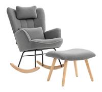 HOMCOM Fauteuil à bascule avec repose-pieds, revêtement en molleton doux, pieds en bois, coussin, dossier haut, fauteuil à bascule, Gris foncé