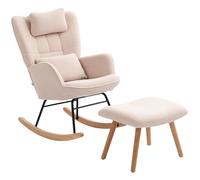 HOMCOM Fauteuil à Bascule avec Repose-Pieds, Revêtement en Peluche Douce, Pieds en Bois, Coussin, Dossier Haut, Fauteuil à Bascule, Beige