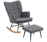 HOMCOM Fauteuil à Bascule avec Repose-Pieds, Rocking Chair en Tissu Aspect Lin, Assise Large, Dossier Haut, Coussin Inclus, Chaise à Bascule pour Salon, Chambre, Gris