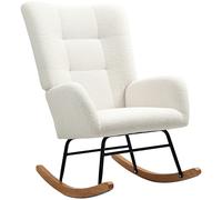 HOMCOM Fauteuil à bascule en tissu effet laine bou avec pieds en bois massif d'hévéa pour chambre, salon, crème