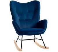 HOMCOM Fauteuil à bascule fauteuil relax fauteuil salon oreilles grand confort aspect velours pieds bois d'hévéa métal bleu