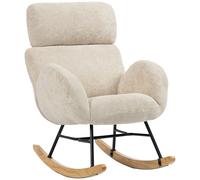 HOMCOM Fauteuil à bascule rembourré avec appui-tête réglable, velours à motif gouttes, structure en bois d'hévéa, Blanc crème