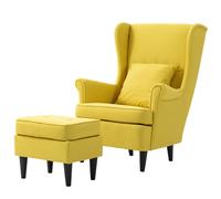 HOMCOM Fauteuil à oreilles avec ottomane, fauteuil rembourré avec pieds en bois de caoutchouc, revêtement en tissu, Jaune