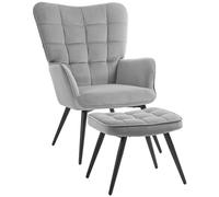 HOMCOM Fauteuil à oreilles avec pouf, fauteuil lounge, fauteuil de relaxation, fauteuil rembourré avec aspect velours, fauteuil TV, chaise de salle à manger jusqu'à 120 kg, pour le salon, gris clair
